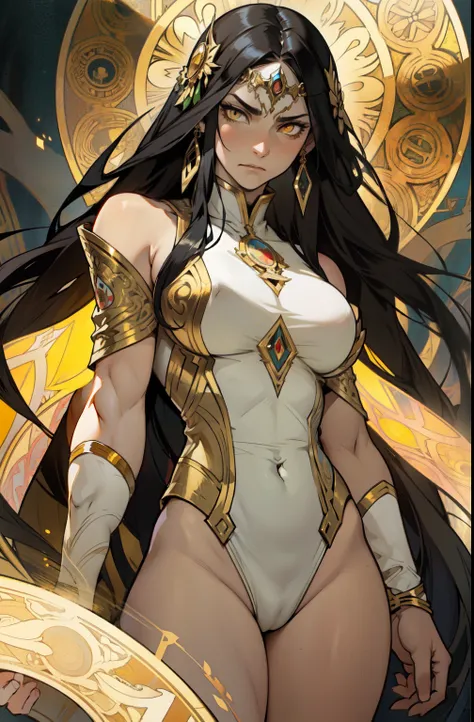 ((1 girl)) angry very long hair pale skin black hair yellow eyes ((muscular)) huge breasts by alfons mucha