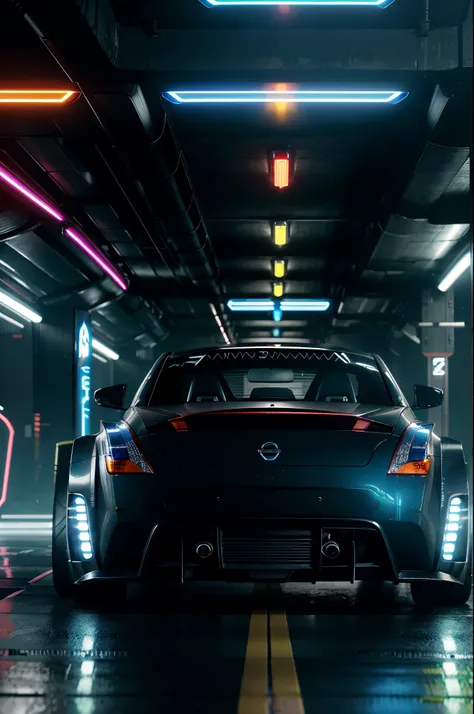 Exotic nissan 350z sian cyberpunk, 4k, HDR, renderizado, obra-prima, ray tracing, Cyberpunk Scenario, carro preto, Batmobile, Neon light, deriva, carbono, futurista, Neon light, noite, cidade cyberpunk 2077