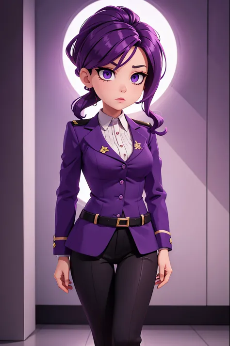 beautiful android, secretary, purple hair, purple eyes, lipstick, no emotion, no pupils, standing at attention,