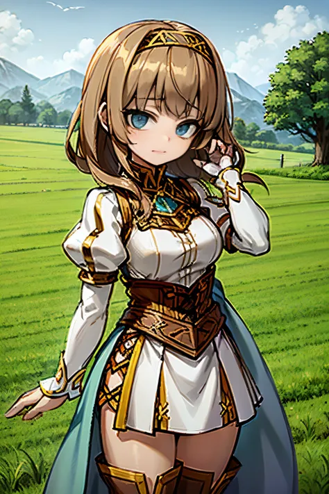 Young girl, brown hair, blue eyes, shy face, wearing a medieval outfit, in a green plains, greenlands, 4k, masterpiece