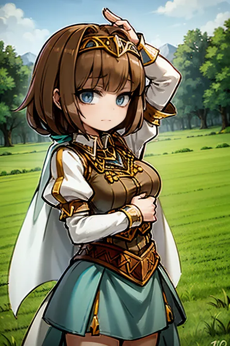 young girl, brown hair, blue eyes, shy face, wearing a medieval outfit, in a green plains, greenlands, 4k, masterpiece