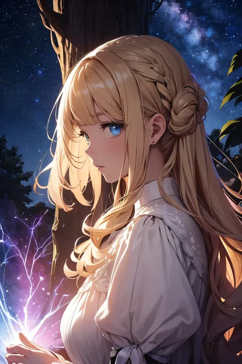 ​masterpiece、girl with（（a beauty girl、high detailed dresses、Hair is tied up、a blond））、Background with（（starrysky、Meteor swarm、black hole））、Huge fantastic tree、Its glowing.、plants、城市、heavy wind