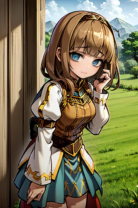 young girl, brown hair, blue eyes, shy face, wearing a medieval outfit, in a green plains, greenlands, 4k, masterpiece