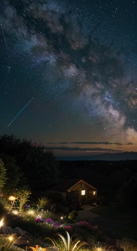 In the distance, majestic planets and distant galaxies adorn the cosmic horizon, their vibrant colors illuminating the garden with cosmic radiance. Shooting stars streak across the sky, leaving trails of stardust that add a touch of magic to the scenery.