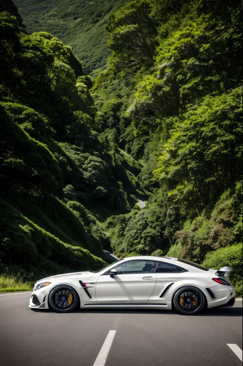 (high quality),Mercedes Benz GTR Liberty Walk in motion on a scenic road,car seamlessly integrated with the environment,[detailed tire treads,luxurious metallic paint,wide body kit],speeding along the road curves,[dynamic motion blur,perfectly captured spe...