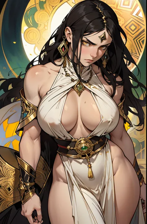 ((1 girl)) angry very long hair pale skin black hair yellow eyes ((muscular)) (huge breasts) by alfons mucha