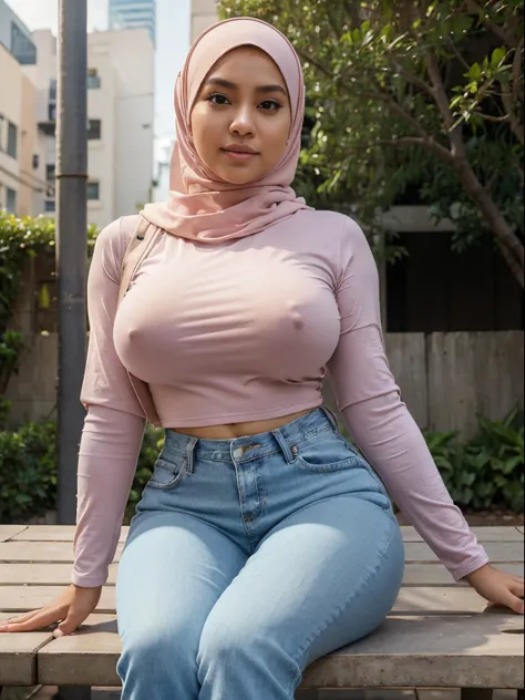 RAW, Best quality, high resolution, masterpiece: 1.3), beautiful Malay woman in hijab, Masterpiece, perfect slim fit body, (big breasts), big gorgeous eyes, Soft smile, wear a pastel loose long sleeve shirt and a tight jeans legging, thick thighs, sitting ...