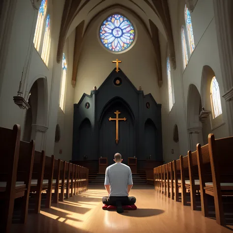 Image of a man praying in the pixar-style church inside an evangelical church