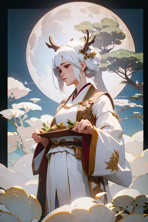 1个Giant Breast Girl,Hanfu,florals,tmasterpiece,Best quality at best,ultra - detailed,deers,White hair,white  clothes,Eau,themoon,