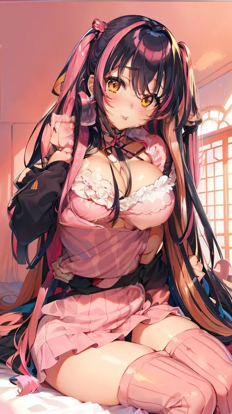 blush, cleavage,red fingerless gloves,glowing aura, natural light, masterpiece,  glossy skin, juicy lips ,long hair, cute, kawaii, adorable, reaching up, adult, cuddle, kawaii clothes,random hair style, random clothes, black hair, (((pink streaks in hair))...