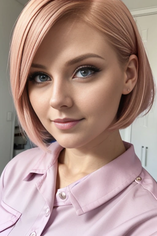 Petite 30 year old nurse woman with light strawberryblonde hair in a short undercut bob and striking blue eyes wearing eye liner, pink lips, in a nurse uniform, detailed face