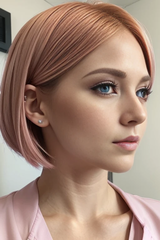 Petite 30 year old nurse woman with light strawberryblonde hair in a short undercut bob and striking blue eyes wearing eye liner, pink lips, in a nurse uniform, detailed face