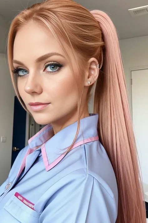 Petite 30 year old nurse woman with light strawberryblonde hair in a ponytail and striking blue eyes wearing eye liner, pink lips, in a nurse uniform, detailed face