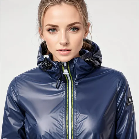 um close de uma mulher vestindo uma jaqueta azul com capuz, encapuzado, imagem de perfil, roupas esportivas, suit jacket, brilhante brilhante reflexivo, 2 0 2 0 moda, roupas esportivas, she is wearing a wet coat, jaqueta esportiva, Esposa, jaqueta curta, J...