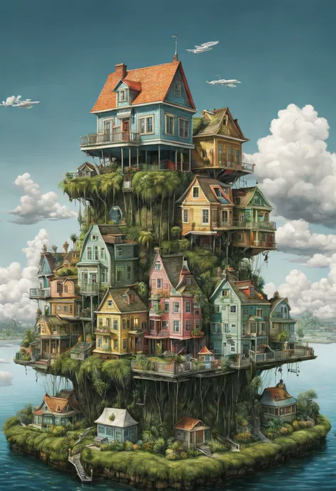 GhibliStyle stacked-houses on floating island, intricate details, by Laurie Lipton, Concept Art,colorfull, high_res,3d style,3d