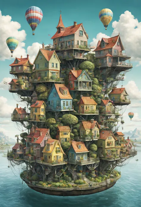 ghiblistyle stacked-houses on floating island, intricate details, by laurie lipton, concept art,colorfull, high_res,3d style,3d