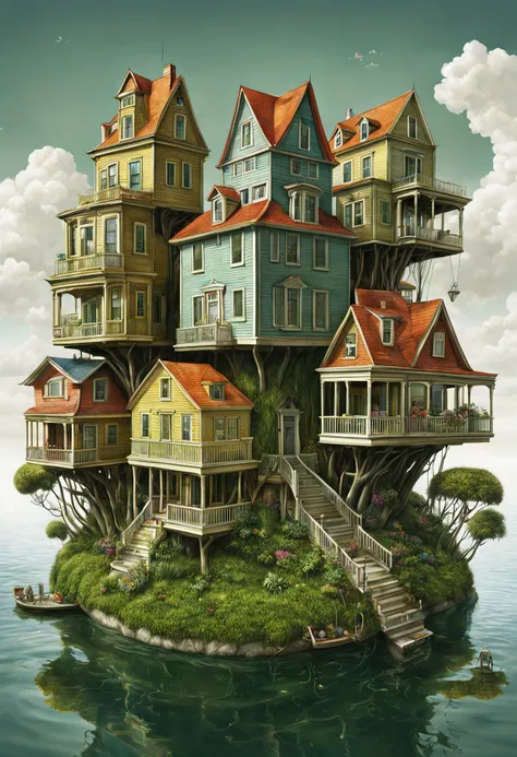 GhibliStyle stacked-houses on floating island, intricate details, by Laurie Lipton, Concept Art,colorfull, high_res,3d style,3d