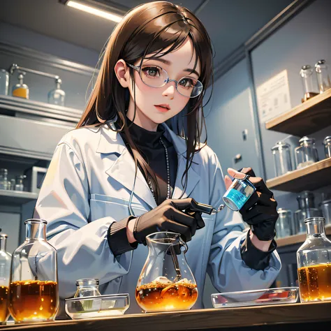 Create a scientist in a laboratory working on an experiment with a flask, Ultra-realistic images and high definition