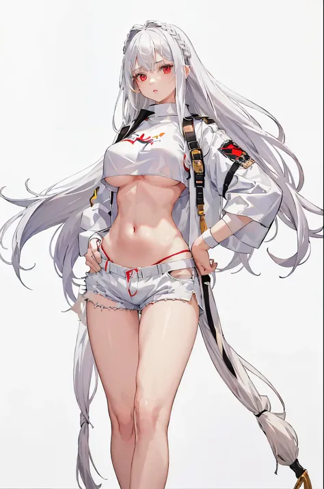 1girl, white hair, red eyes, navel, looking at viewer, hand on hip, black jacket, dolphin shorts, groin, (white shirt:1.2), braid, very long hair, wide hips, 
underboob, shirt, 
big(BodyProportions),