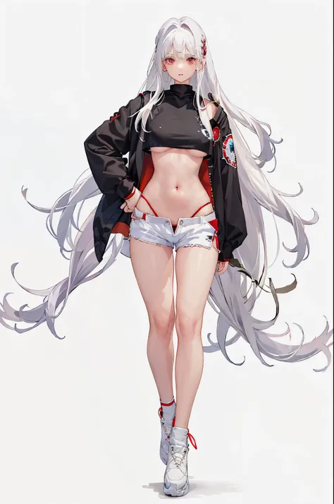 1girl, white hair, red eyes, navel, looking at viewer, hand on hip, black jacket, dolphin shorts, groin, (white shirt:1.2), braid, very long hair, wide hips, 
underboob, shirt, 
big(BodyProportions),