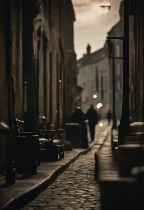 A close-up of a street in Innsmouth, where a few fishy-looking locals are lurking in the shadows, watching a stranger with suspicion.