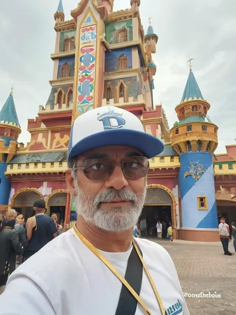 Um homem  em frente ao castelo do Beto Carrero