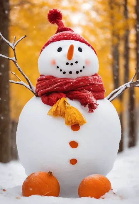 Make a snowman，Yellow leaves，White snow，Snowman red scarf，Carrot nose，chubbiness