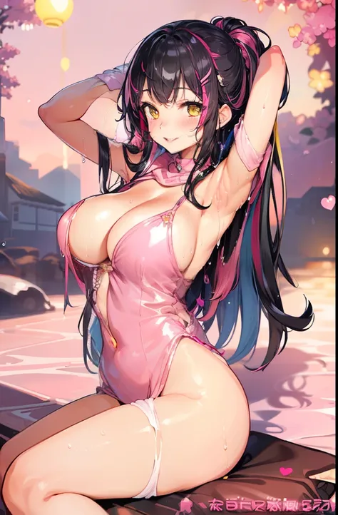 blush, cleavage,red fingerless gloves,glowing aura, natural light, masterpiece,  glossy skin, juicy lips ,long hair, cute, kawaii, adorable, reaching up, adult, cuddle, kawaii clothes,random hair style, random clothes, black hair, (((pink streaks in hair))...