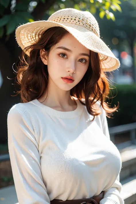 1个Giant Breast Girl,delicated face,curlies,redheadwear,Soft lighting,Off-white sweater,8K，