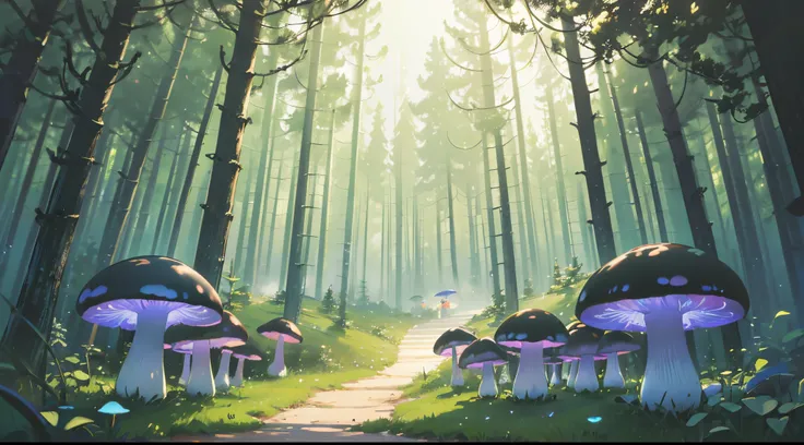 (masterpiece, best quality, ultra detailed, (detailed background), perfect shading, high contrast, best illumination, extremely detailed, ray tracing) A simple, minimalist illustration of a mystical forest with winding paths, giant mushrooms, and fireflies...