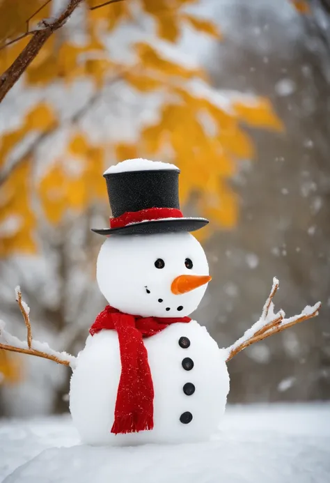 Build a snowman，Yellow leaves，White snow，Snowman red scarf，Carrot nose，chubbiness