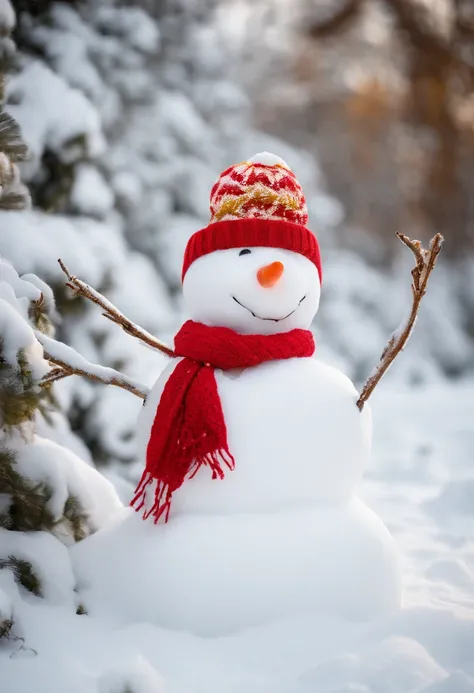 Build a snowman，Yellow leaves，White snow，Snowman red scarf，Carrot nose，chubbiness