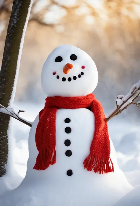 Build a snowman，Yellow leaves，White snow，Snowman red scarf，Carrot nose，chubbiness