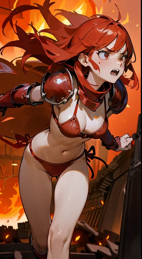 1girl in,Solo,16s,Angry face,(((woman face))),(((Red Bikini Armor))), Yellow hair,Long hair,Crimson Eyes,Burning Body,(((run in front of the ruins))),(((Attack with fireballs)))