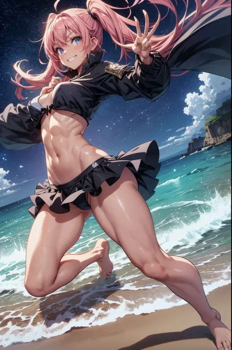 1 girl, (medium boobs))) (((big ass))), (mischievous smile), (showing teeth), (((very short bikini))), (long pink hair), (((eyes blue))), (on the beach at night with a starry sky and a moon full of blood), (slender), (thin waist), (butt only), legs (slim a...