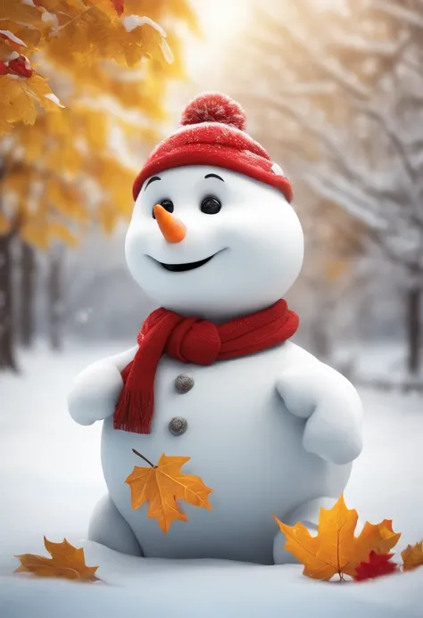 Make a snowman，Yellow leaves，White snow，Snowman red scarf，Carrot nose，chubbiness，The mouth smiles，anthropomorphic turtle，3 d animesexy