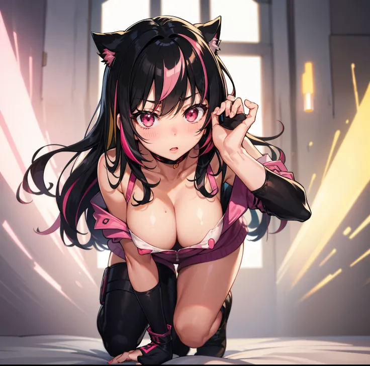 blush, cleavage,, red eyes, red fingerless gloves,glowing aura, natural light, masterpiece,  glossy skin, juicy lips ,long hair, cute, kawaii, adorable, reaching up, adult, cuddle, kawaii clothes,random hair style, random clothes, black hair, (((pink strea...