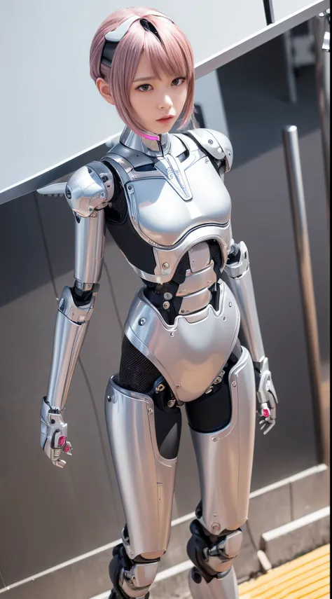 robot girl, pink there, Silver, Metallic body, Robot Parts, Metal Parts, Super Detailed Face, Super well-formed face, of the highest quality, a small face, a small head, Brown hair, slender body, Camera gaze, Internal Mechanical Exposure, Idol, Well-propor...