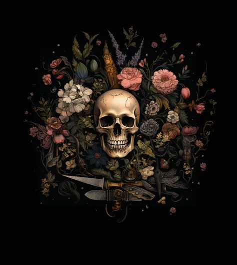 skull and knife in floral arrangement, Remember Death, highly detailed dark art, Moris Moment, Dark, But detailed digital art, Highly detailed digital graphics, Scary detailed graphics in color, vanitas, Color illustration for tattoo, baroque dark art, hig...