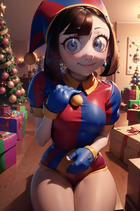 (master piece: 1.1), (pomni), 1girl, mature female, emphasis_face, detailed face, ((detailed colored eyes)), (shy), anime character, smiling, christmas clothes, gloves red and blue, (embarassed), dynamic brown hair, very details on face, short hair, living...