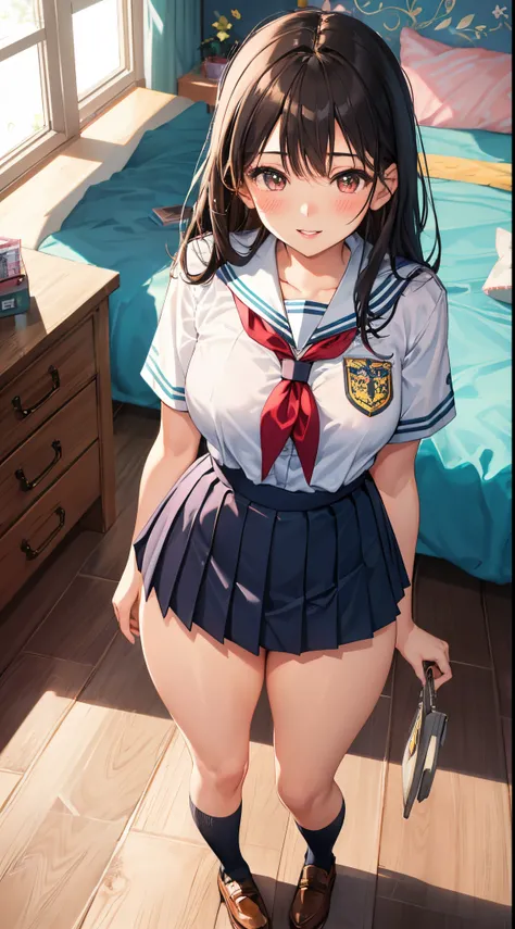 1girl in, Parted lips, blush, makeup, lightsmile, School uniform, Full body, Wide Angle, From  above, crass room, llight rays, Glow, thighs thighs thighs thighs, 鎖骨, Narrow waist, (masutepiece), Wallpaper,Dark hair color