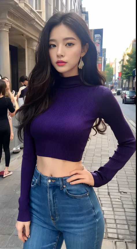 ((top-quality、8K、​masterpiece:1.3))、foco nítido:1.2、Beautiful woman perfect body:1.4、Slim abs:1.2、((Longhaire))、(dark purple turtle knit:1.1)、(Sateen、a street:1.2)、wetbody:1.5、Three-dimensional texture、A detailed eye、