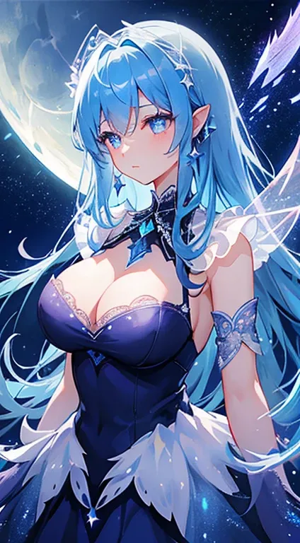 1 female、爆乳、cleavage of the breast、Night sky blue hair studded with stars、Diamond eyes studded with stars、moon shining、Moonlight、night sky blue lace dress、Moonlight、jeweled fairy wings、Sparkling jewel-encrusted dress、Large ribbon、(Soft and gentle image)、to...