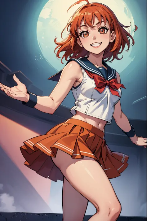 (best quality,4k,8k,highres,masterpiece:1.2), ultra-detailed, takami chika, sailor top, school skirt, midriff, energetic pose, slightly excited and smile, sleeveless, thighs, cowboy shot