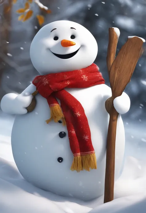 Build a snowman，Yellow leaves，White snow，Snowman red scarf，Carrot nose，chubbiness，A smile appeared on the corner of his mouth，anthropomorphic turtle，3D anime sexy