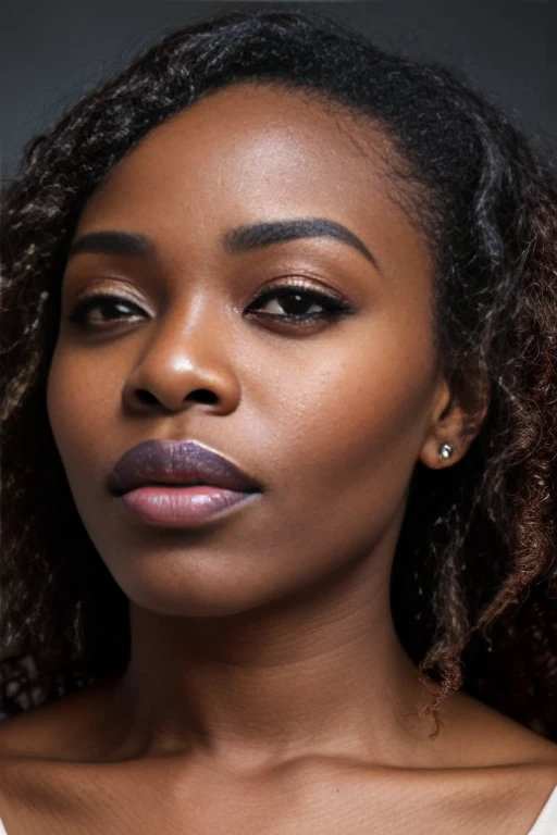 candid dark backside close up face portrait of a Glamorous (nigerian woman:1.2) model (with long Cinnamon Curly  Hair:1.2), (posing for a photo), looking at viewer, portrait, (textured skin, skin pores:1.2), (moles:0.8), (imperfect skin:1.1), intricate det...