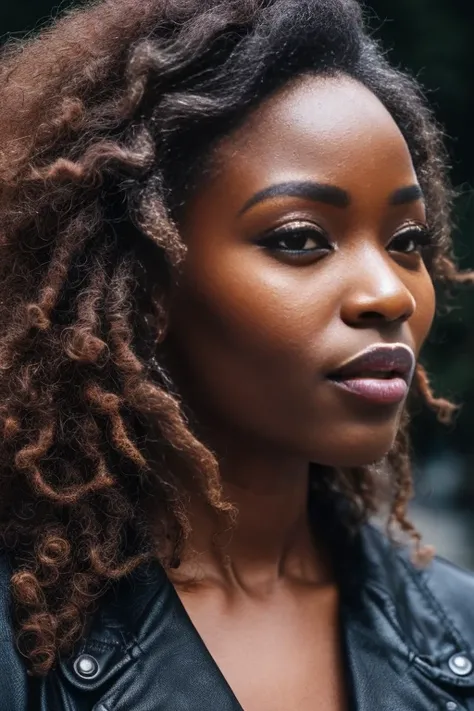 candid dark backside close up face portrait of a Glamorous (nigerian woman:1.2) model (with long Cinnamon Curly  Hair:1.2), (posing for a photo), looking at viewer, portrait, (textured skin, skin pores:1.2), (moles:0.8), (imperfect skin:1.1), intricate det...