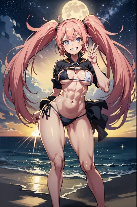 1 girl, (medium boobs))) (((big ass))), (mischievous smile), (showing teeth), (((very short bikini))), (long pink hair), (((eyes blue))), (on the beach at night with a starry sky and a moon full of blood), (slender), (thin waist), (butt only), legs (slim a...