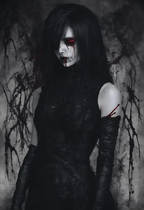 Vanessa_Colgurin, blood on face, blood, blood on clothes, nosebleed, psychopath, horror (theme), black hair, sleeveless, black sleeveless turtleneck, upper body, finger to mouth, finger biting, messy hair,