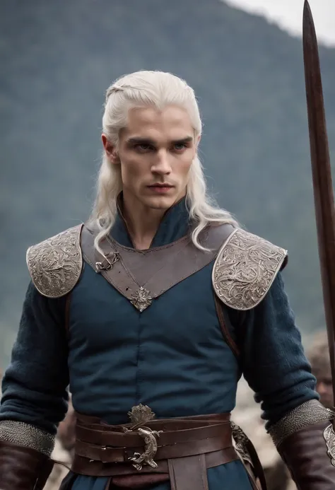 Aemond Targaryen posing triumphantly with his sword and dragon,Fire and Blood,Physically, Aemond possess the classic Targaryen features, with long platinum silver hair and a piercing purple eye. His intense and penetrating gaze, hints at an intense fire wi...